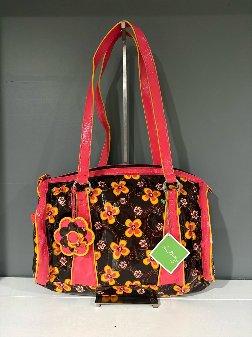 Vera Bradley Brown Floral Shoulder Bag with Pink & Yellow Trim